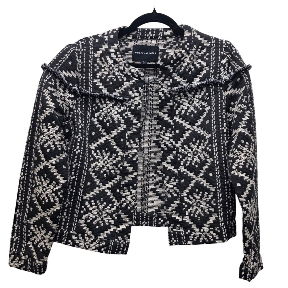 Who What Wear Black White Geometric Jacquard Fringe Jacket Medium Snowflake Trim